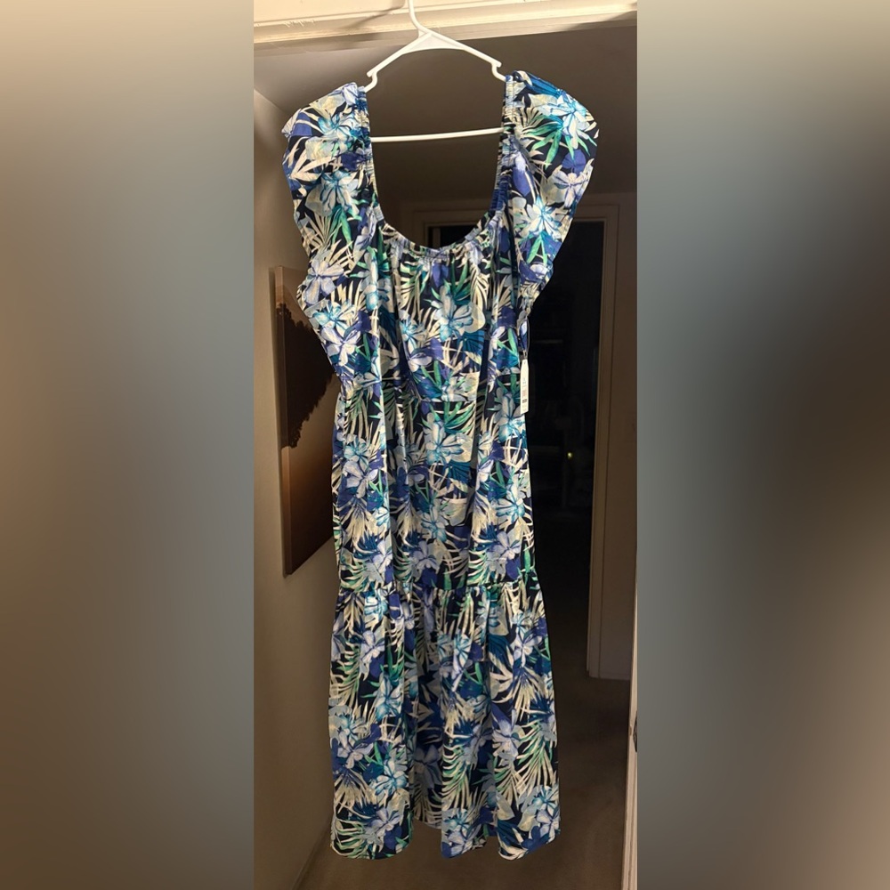 Time and Tru Blue and Green Tropical Patterned Square Neck Tiered Midi Dress NWT